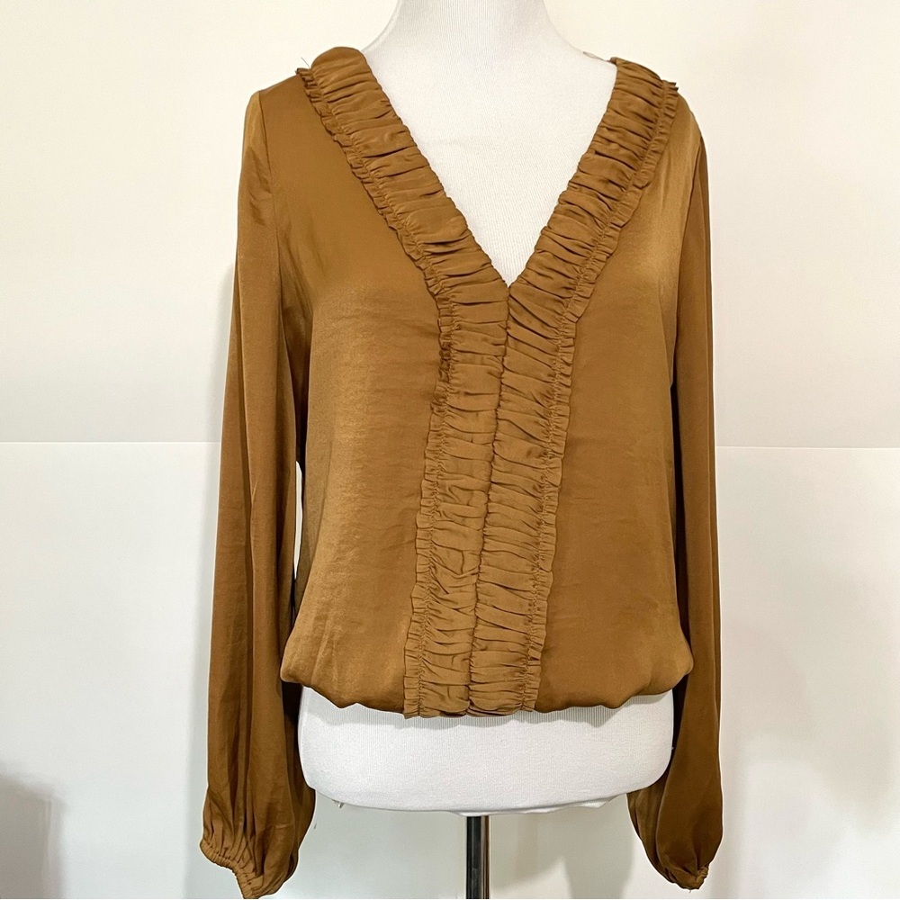 RUFFLE SATIN CROP LONG SLEEVE TOP IN CARAMEL SMALL - Picture 1 of 10